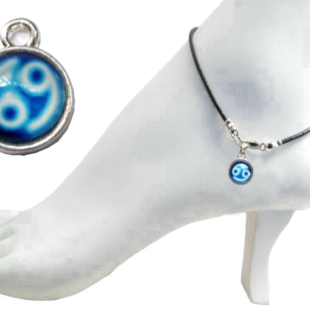 Black Leather Anklet ~  Cancer Zodiac Charm